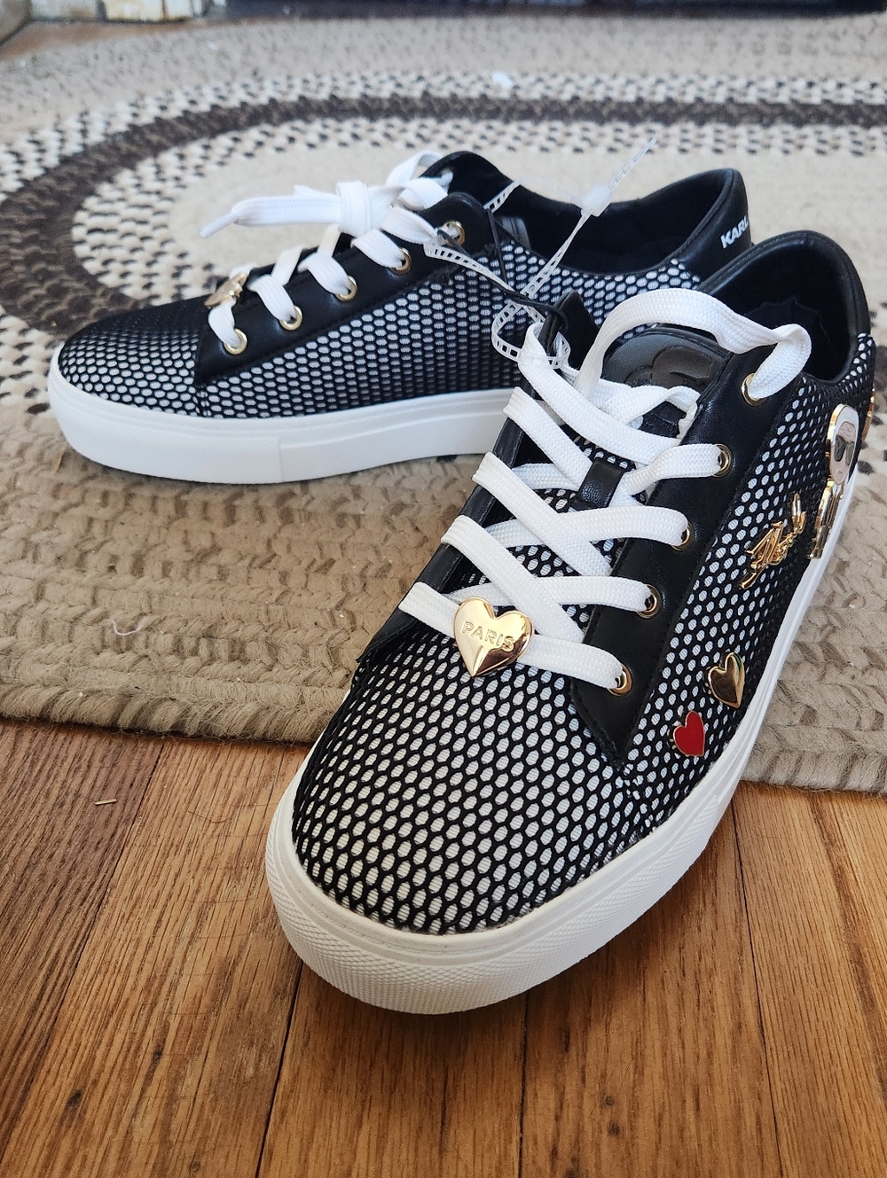 Karl Lagerfeld Black and White Mesh Platform Sneakers with Gold Charms